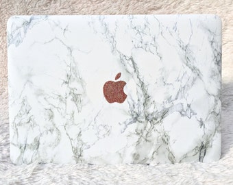 Marble MacBook Hard Case with Glitter Logo | White Marble | Air 11 13 | Pro 13 15 | Retina | Touchbar