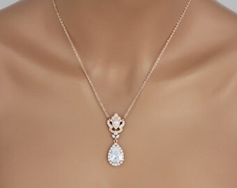 Rose Gold Bridal necklace, Crystal necklace, Wedding jewelry, Bridesmaid necklace, Wedding necklace, Teardrop necklace, Simple necklace