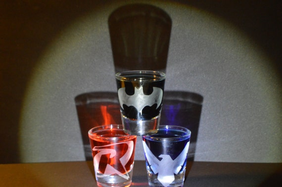 Batman, Robin, Nightwing etched shot glass set of 3 fan art