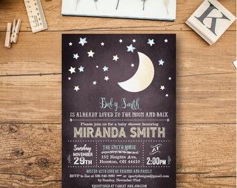 Moon Baby Shower invitation, moon boy Shower Invitation, Moon Invites, Stars Shower Invite, Loved to the Moon, free thank you cards, MO