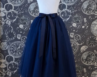 Navy Tulle Skirt With Ribbon Waistband - Blue Adult Tea Length Tutu - Custom Size, Made to Order