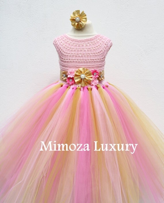 Pink and Gold Flower girl dress, Peppa Pig tutu dress, bridesmaid dress, princess dress, pink crochet top tulle dress, peppa pig dress
