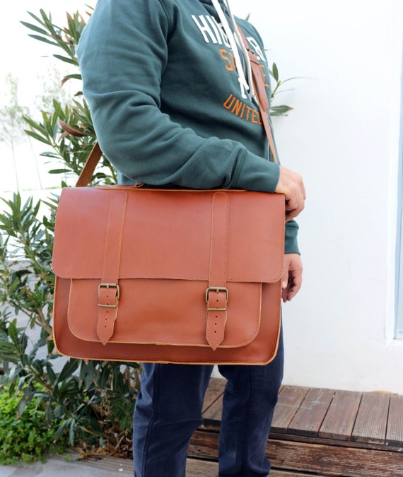 Leather Messenger Bag 17 inch Laptop Bag Caramel by MagusLeather