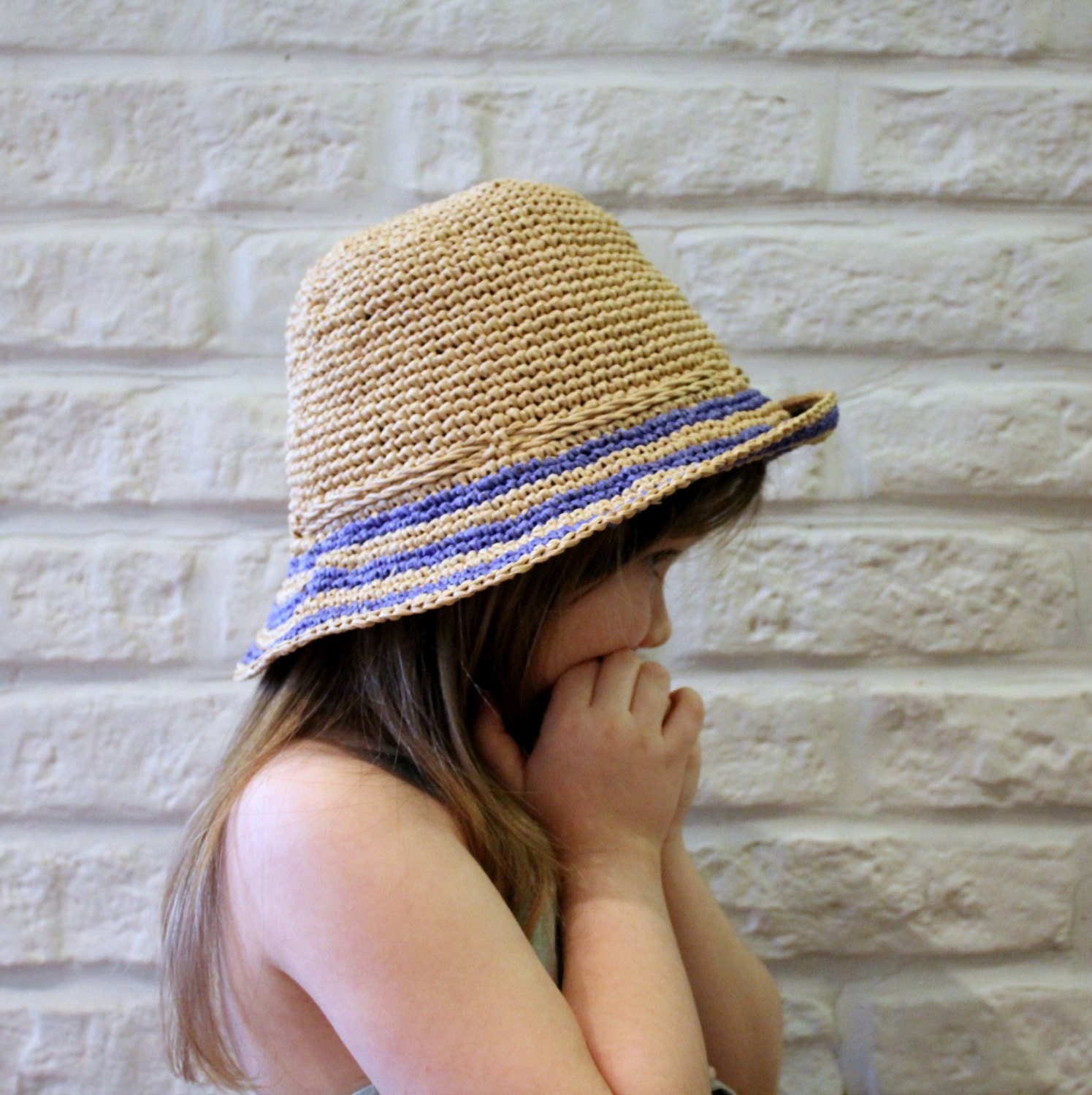 Sun hat for girls / Crochet raffia hat with nautical stripes