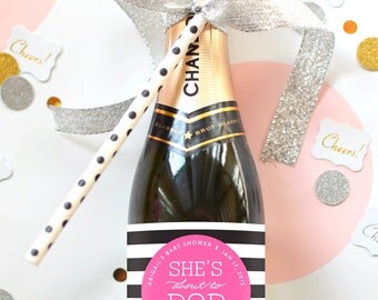 Baby Shower Mini Champagne Bottle Labels - Weatherproof About to Pop Baby Sprinkle Stripe Black Pink Baby Shower Favor Decoration