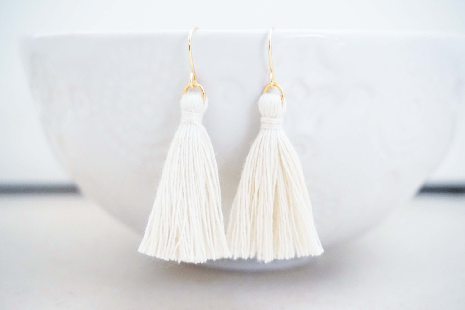 Cream White and Gold Tassel Earrings