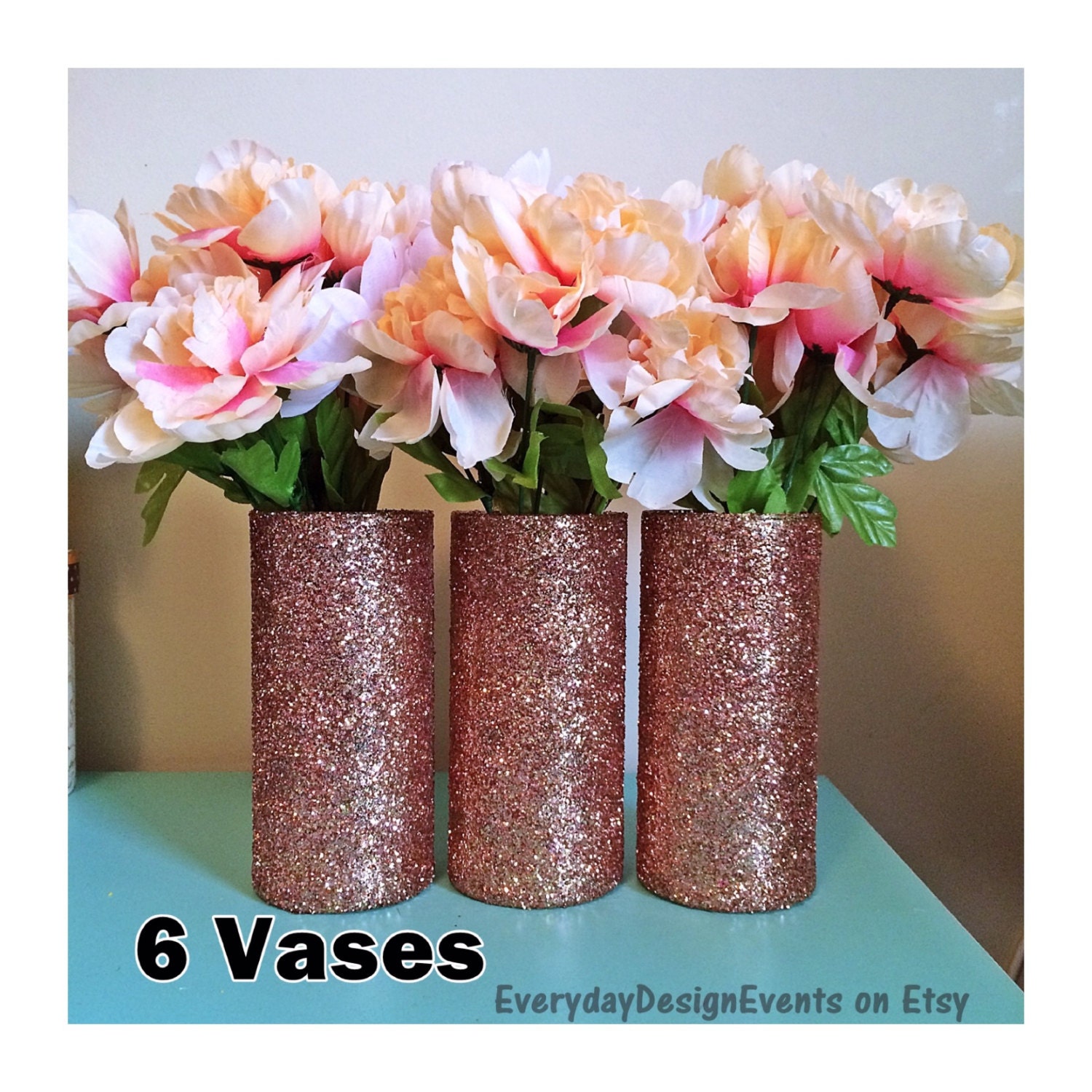 6 Rose Gold Glass Vases Gold Glitter Vases by EverydayDesignEvents