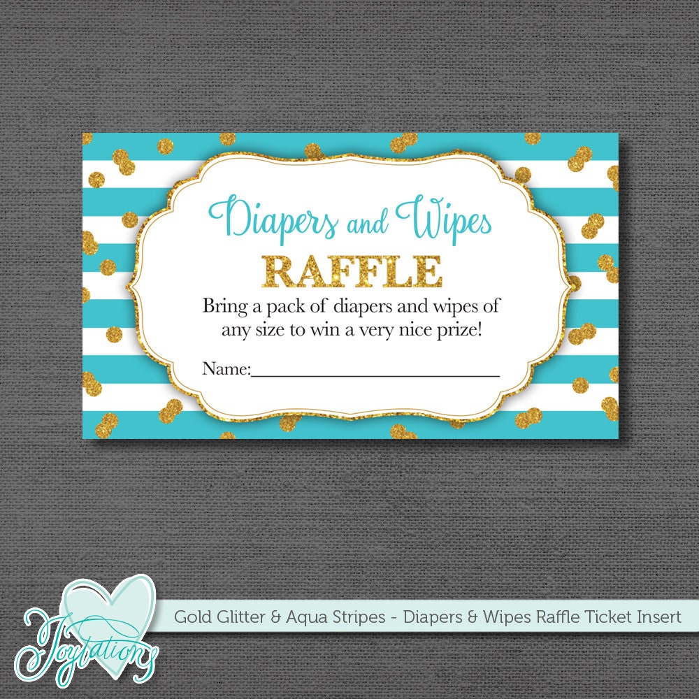 gold glitter and aqua diapers and wipes raffle ticket insert