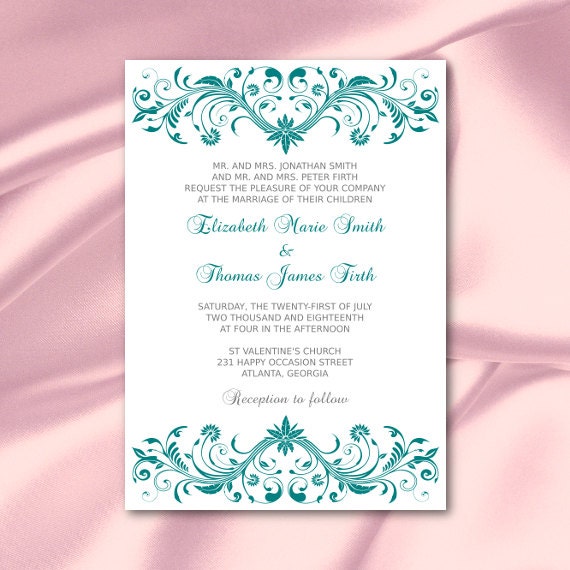 Teal Wedding Invitations Template Diy Printable Teal Silver