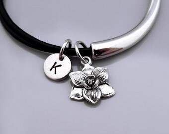 Magnolia flower bracelet, Magnolia flower charm bangle, garden charm, Magnolia flower jewelry, Leather bracelet, Leather bangle