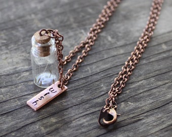 Wish Necklace, Dandelion Necklace, Dandelion Seed Necklace, Engraved Jewelry, Handstamped Jewelry, Personalized, Jewelry, Lucky, Copper, Her