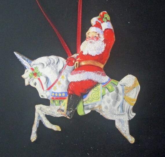 Santa Riding Unicorn  Ornament Handcrafted Wood Christmas 