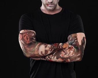 ZOMBIE Halloween T-shirt for Men, Zombie Tattoo Sleeves, Halloween Mesh Sleeve, Halloween Mens Shirts, Zombie Costume, Halloween Costume