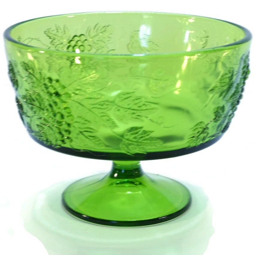 Vintage Green Glass Footed Bowl or Compote with Grapes and Leaves Motif