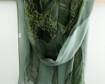 Koi fish silk scarf,Chiffon silk scarf,Hand painted scarf,Green silk scarf,Large silk scarf,Silk scarf,AnaSilkDesign