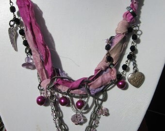 pink shades sari silk chain and charm necklace.Sari silk necklace.Chain and charm necklace. Boho necklace. Shabby chic necklace.
