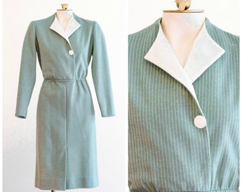 1970s sage green and ivory pinstripe dress from Leslie Fay
