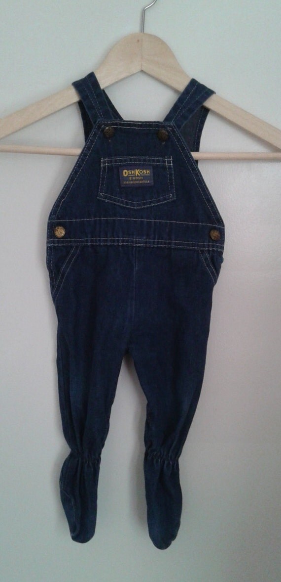 Vintage 1970's Oshkosh Baby Dark Blue Jean Denim Overalls w/Snap Legs and Footies Sz 6-9 Mo