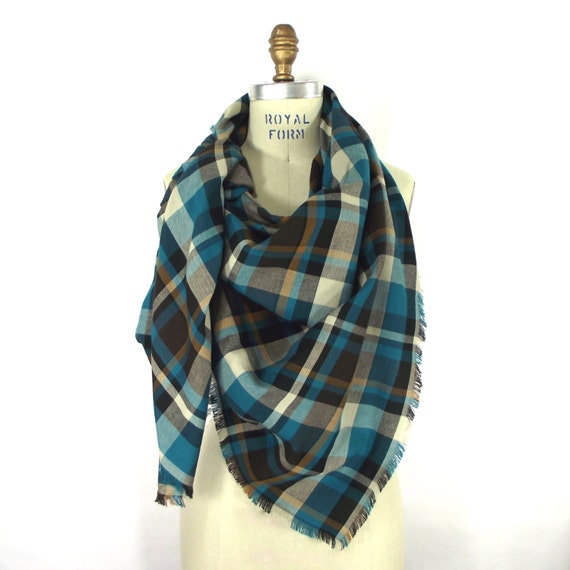 Plaid Blanket Scarf Teal Brown Cream Plaid Flannel by ...