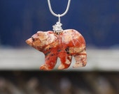 Red Jasper Stone Bear Necklace ~ Stone Bear Pendant ~ Healing Stone Pendant ~ Sterling Silver Chain ~ Sterling Silver Wire ~ Gift for Mom