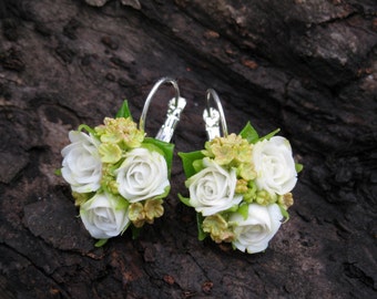 White rose earrings Rose jewelry Flower earring Flower jewelry Miniature jewelry Delicate earrings Polymer clay jewelry Small flower earring