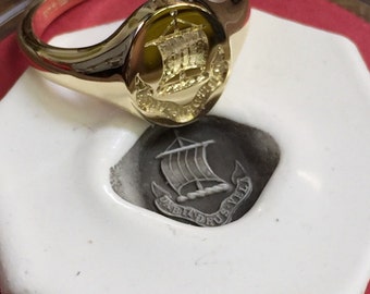 Ladies Gold Signet Ring - 9, 14 or 18ct Gold Signet Ring With Seal Engraved Family Crest In Reverse Complete With Wax Impression
