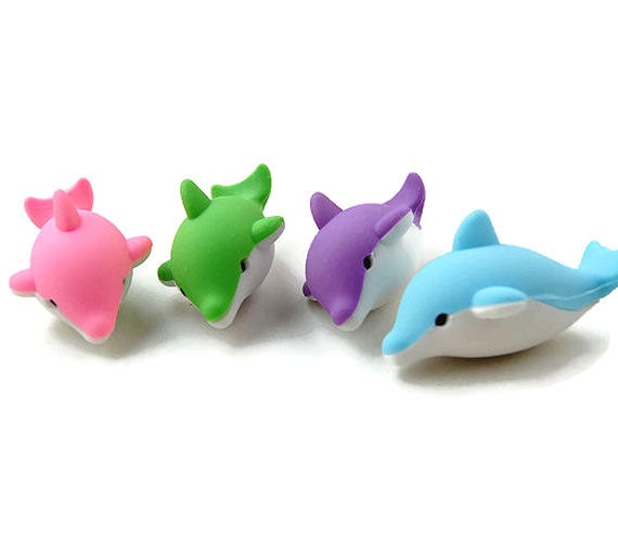 Eraser set of 4 dolphins stationary bright colors erasers