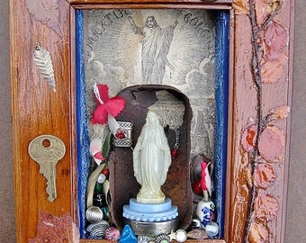 Virgin Mary Our Lady of the Sardine Can Mixed Media Collage Shrine Shadow Box Wall Decor