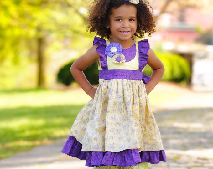 Boutique Spring Outfit - Little Girls Clothes - Toddler Girl - Ruffle Dress - Yellow - Purple - Summer - Flutter Sleeve Dress - sz 2T to 8