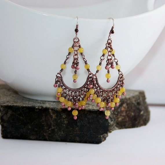 Yellow Chandelier Earrings Beaded Bohemian Lace Rustic