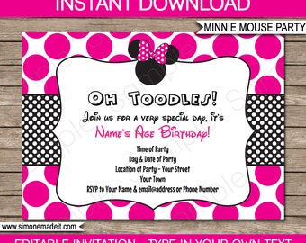 Minnie Mouse Invitation Template - Birthday Party - Pink - INSTANT DOWNLOAD with EDITABLE text - you personalize at home