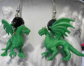 Green Dragon Black Rhinestone Earrings - Miniature Dragon Earrings - Dragon Rhinestone Dangles - Mystical Animal - Fantasy Inspired Jewelry