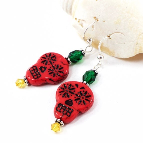 Red Sugar Skull Earrings | Colorful Decorated Skull Earrings  | Day Of The Dead Skull Jewelry | Calavera Earrings | Solana Kai Designs