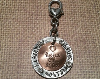Bling KEYCHAIN custom hand crafted hand stamped with names and est. date