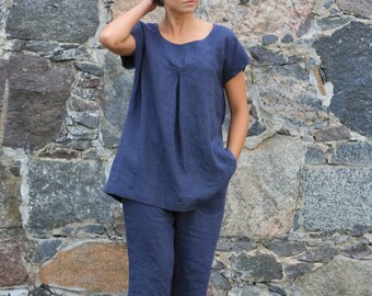 Linen Tunic Top, Linen Womens Clothing, Linen Blouse, Linen Top, Linen Shirt, Boho Blouse, Navy Blue Shirt, Plus Size Clothing Casual Blouse