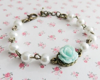 Blue Flower Girl Bracelet, White Pearl Bracelets, Little Girl Flower Bracelet, Rustic Wedding Jewelry, Toddler, Granddaughter Gift
