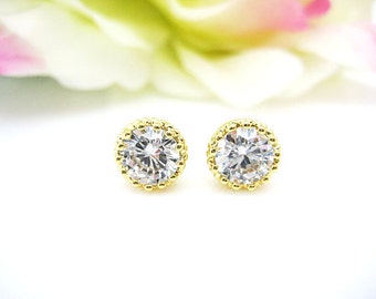 Gold Cubic Zirconia Stud Earrings 8mm Cubic Zirconia Stud Earrings Wedding Jewelry Bridesmaids Gift Rose Gold Earrings (E093)