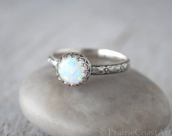 Opal Ring Silver - Sterling Silver Handforged Opal Birthstone Ring