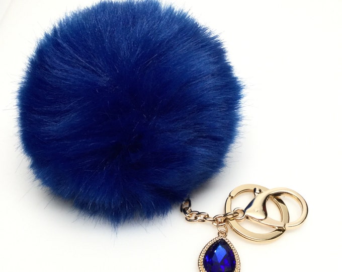 NEW! Faux Rabbit Fur Pom Pom bag Keyring keychain artificial fur puff ball in Royal Blue Crystals Collection