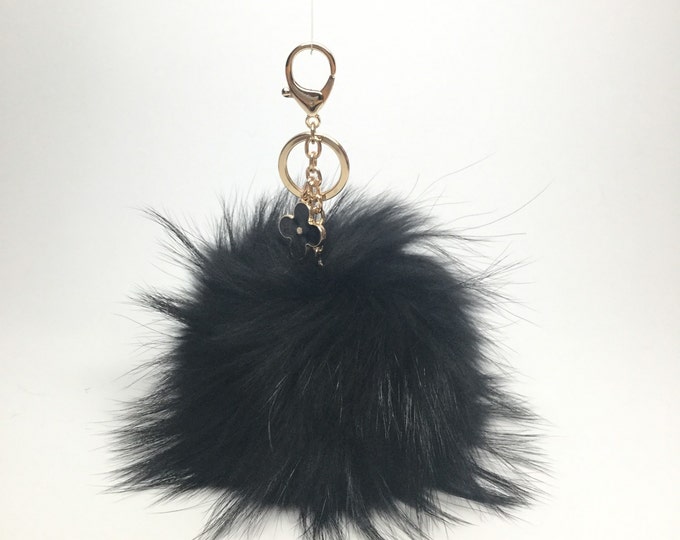 Grand size Black Raccoon Fur Pom Pom luxury bag pendant + black flower clover charm keychain