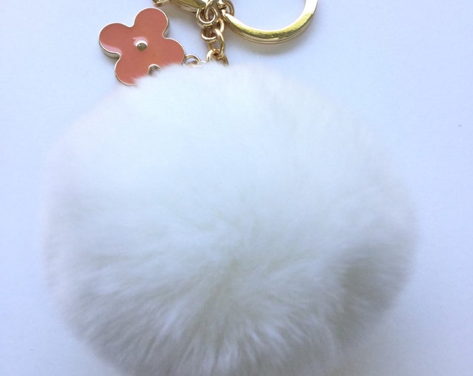 Snow White fur pom pom keychain REX Rabbit fur pom pom ball with flower bag charm