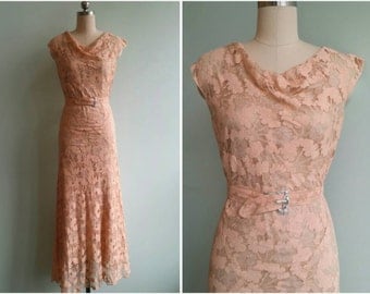 Vintage 1930s Blush Peach Lace Gown | Size Small