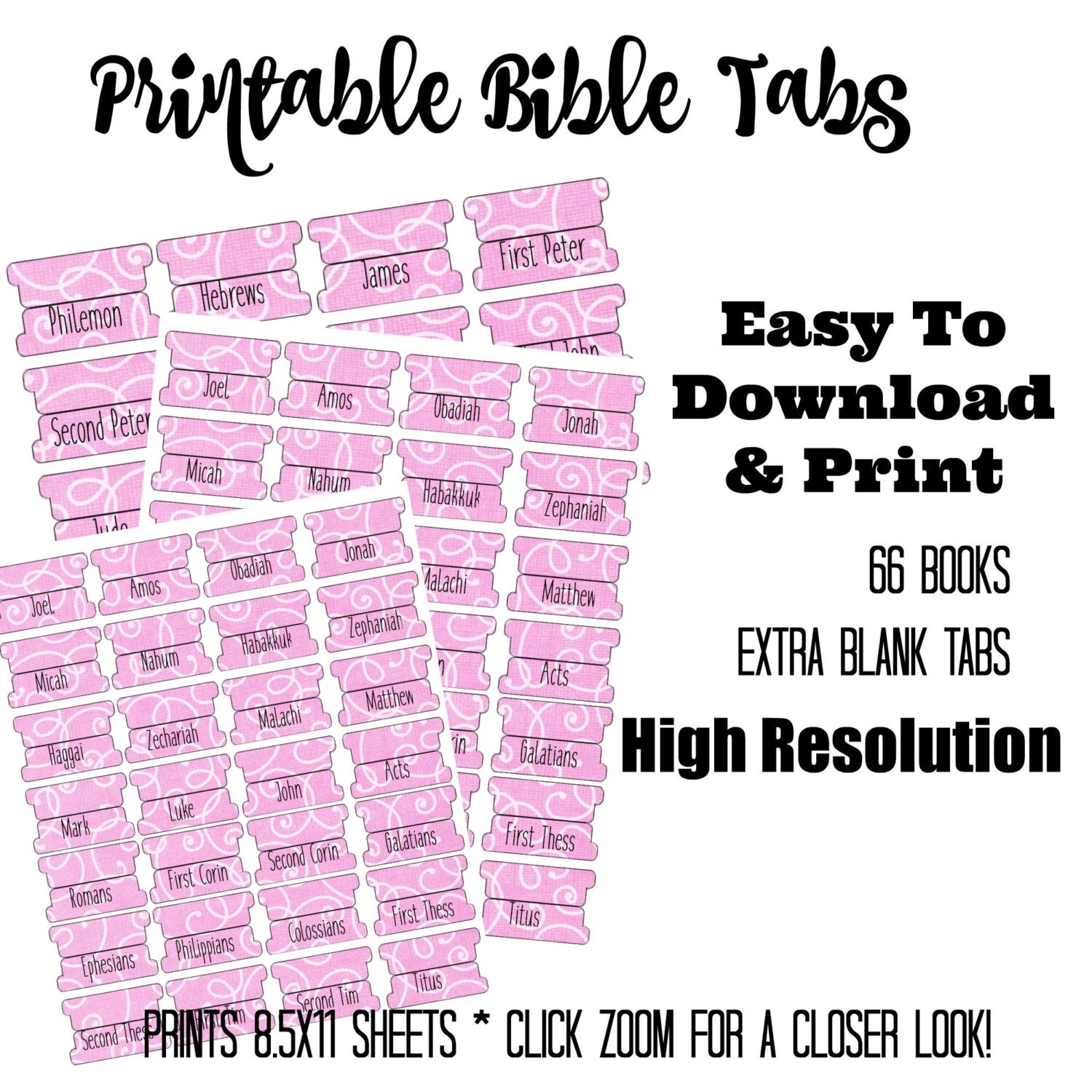 Pink Swirl - Bible Tabs - Printable Bible Tabs - Bible Journaling tabs ...