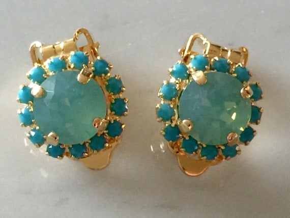 Swarovski Pacific Opal & Turquoise Crystal Halo Clip On Earrings, Yellow Gold