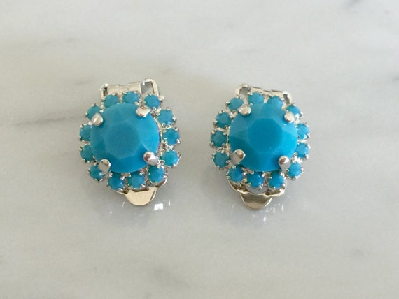 Swarovski Turquoise Crystal Halo Clip On Earrings, Silver