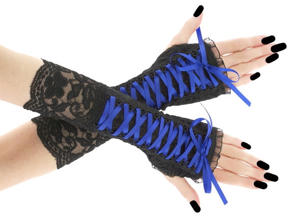 Blue black fingerless mittens, lace arm warmers in gothic, burlesque lolita vampire women evening gloves, gothic wedding steampunk 55C by FashionForWomen steampunk buy now online Blue black fingerless mittens, lace arm warmers in gothic, burlesque lolita vampire women evening gloves, gothic wedding steampunk 55C by FashionForWomen steampunk buy now online