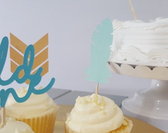 Tribal Wild One Birthday Party Feather Cupcake Toppers