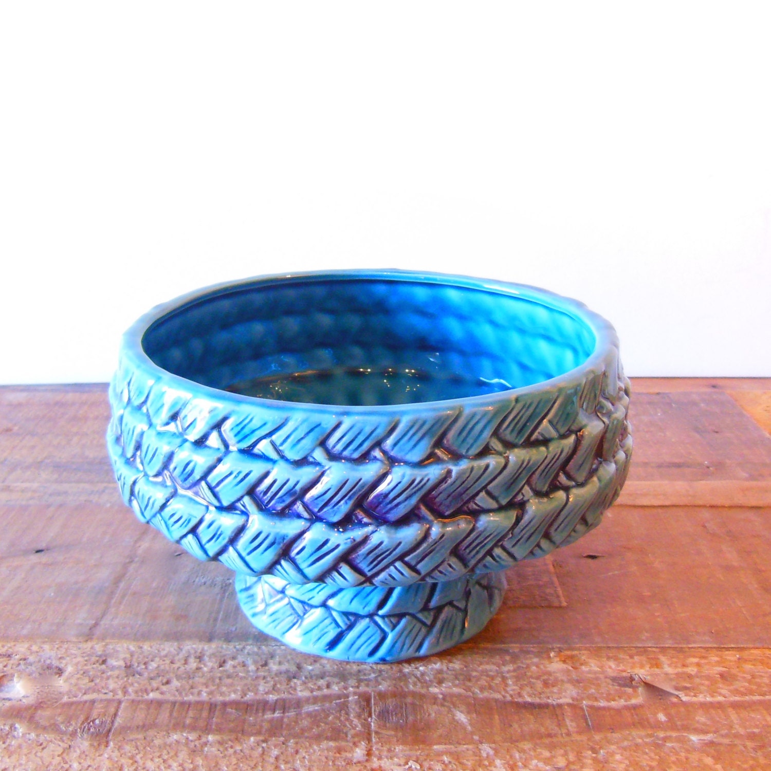 Vintage turquoise ceramic footed bowl mid century made in