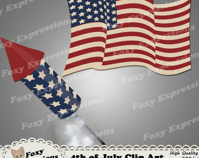 4th of July vintage clipart, comes with banners, flags, rockets, fireworks, balloons, hats, signs, and liberty bell all in red, white & blue