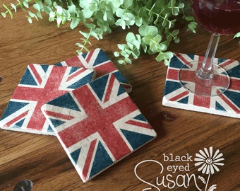 4 Piece Union Jack Coaster Set of Natural Stone Distressed | 4" x 4" w/ Felt Bottoms